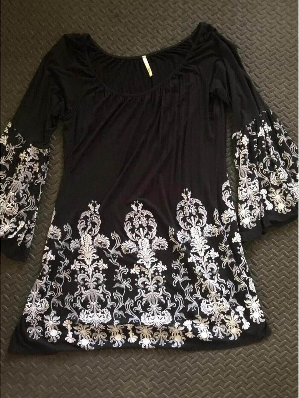 BLACK TUNIC DRESS WITH BELL SLEEVES BOHO HIPPIE WITCHCORE
